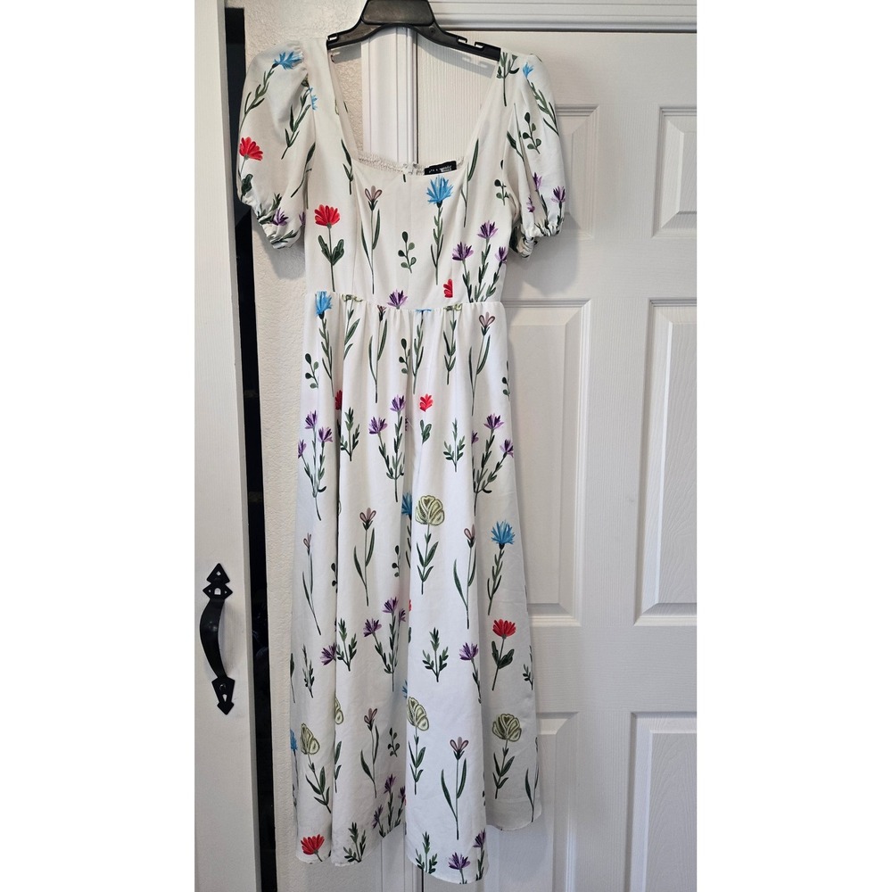 Slate & Willow White Floral Puff Sleeve Smocked Midi Dress Size M 10271